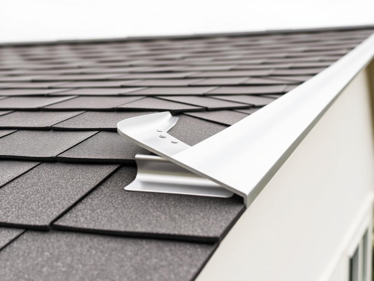 Detail of metal drip edge and flashing along the edge of a shingle roof