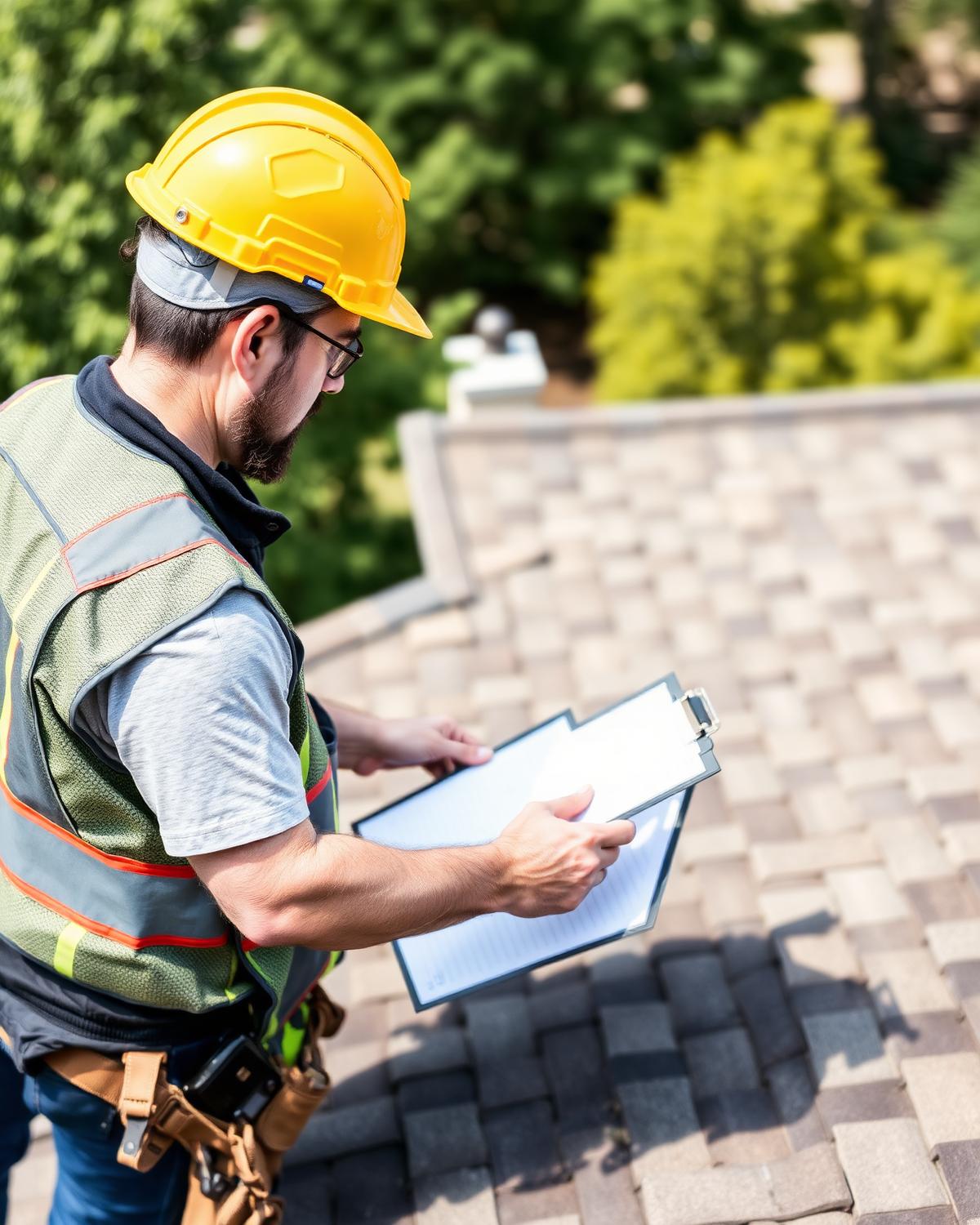 Roofing professional inspecting residential shingles and noting findings on a clipboard
