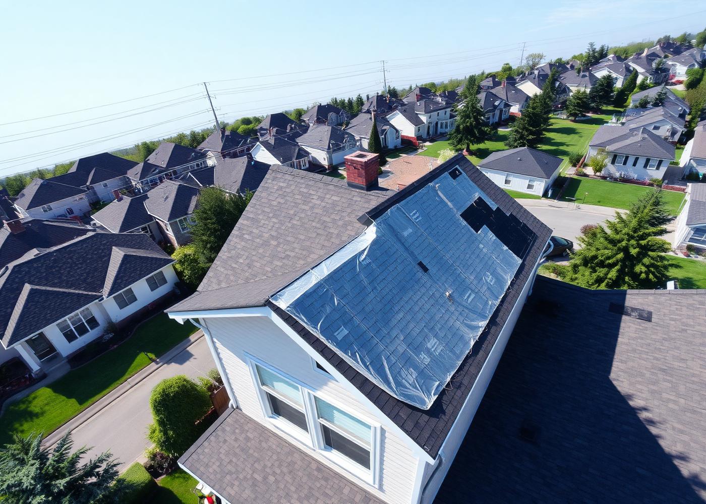 Aerial view of a residential roof mid-replacement with new underlayment and shingles