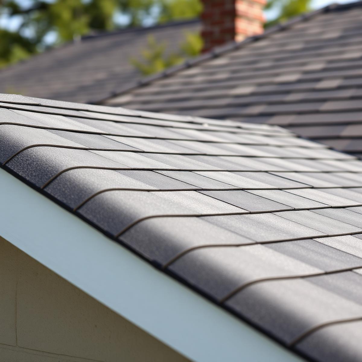 Close-up of new architectural asphalt shingles along a clean ridge line